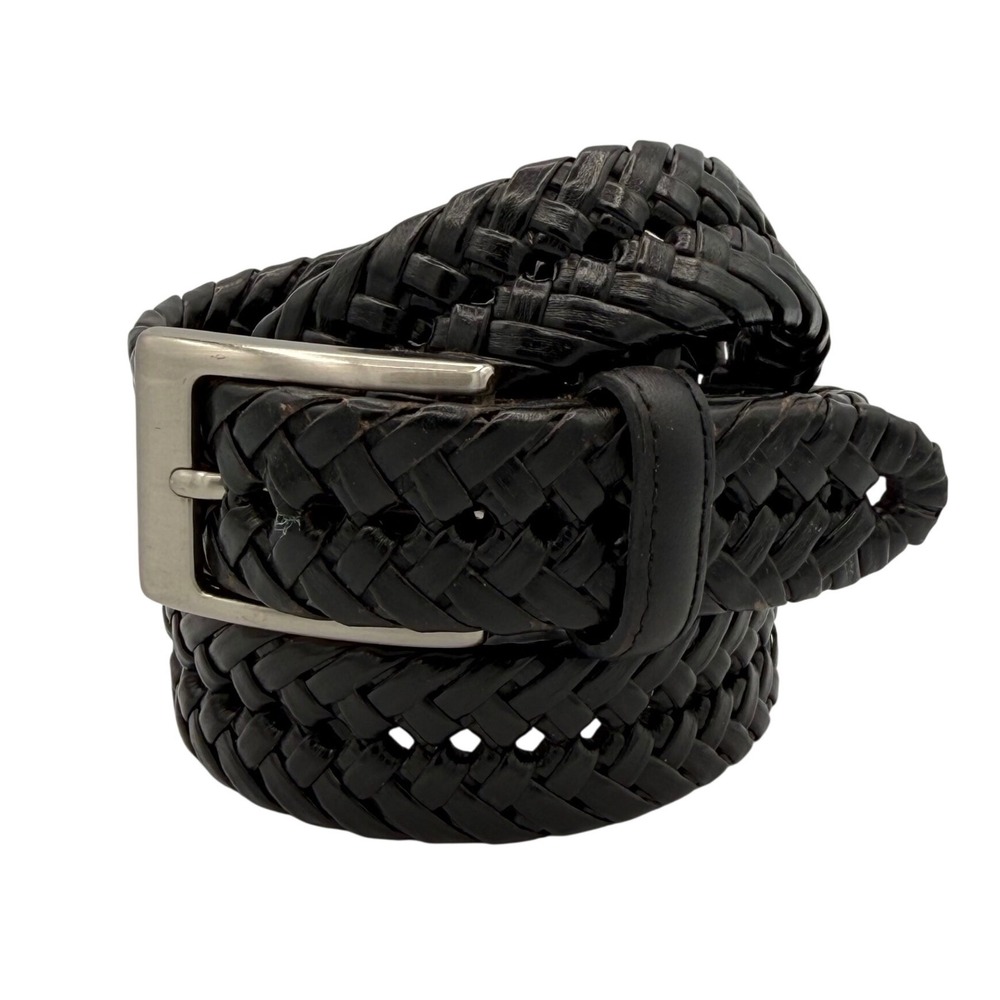 Black Leather braided Belt Mens 38 Woven Silver Buckle minimalist classic preppy